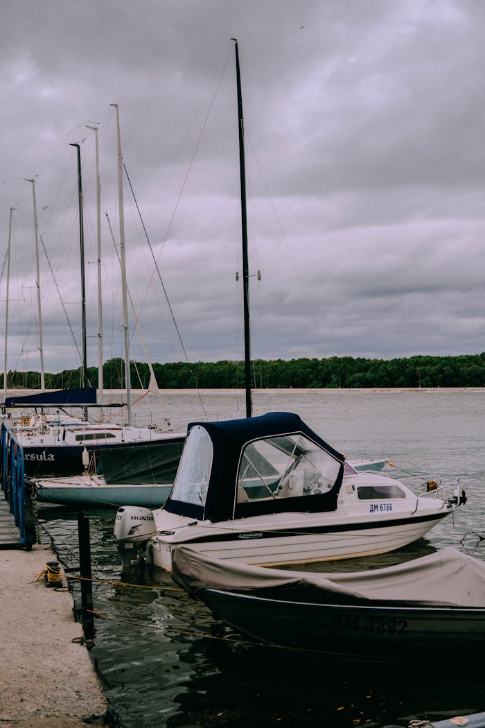 A serene scene of sailboats moored at a pier on a cloudy day, offering a peaceful waterfront view.
