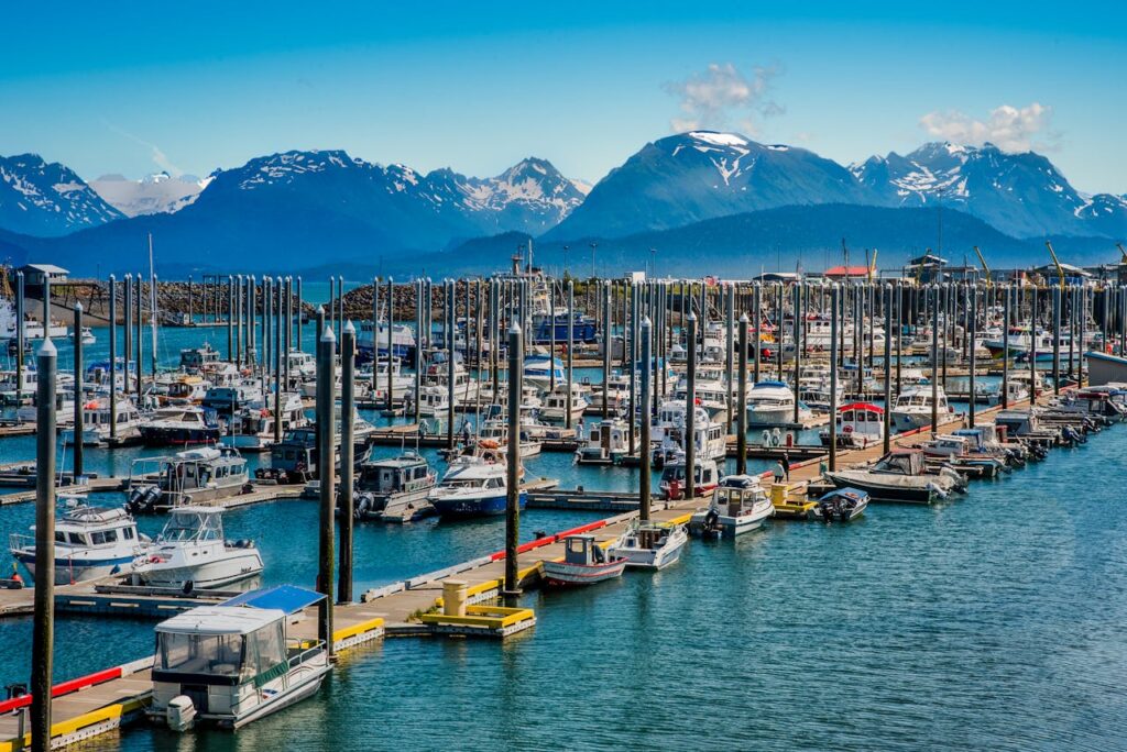 A picturesque harbor scene with boats and stunning mountain backdrop on a sunny day.